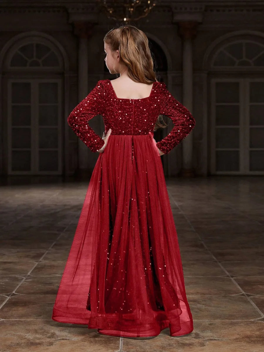 Back view of the stunning red long sleeve bodycon dress for girls, highlighting the smooth fabric and sophisticated cut.