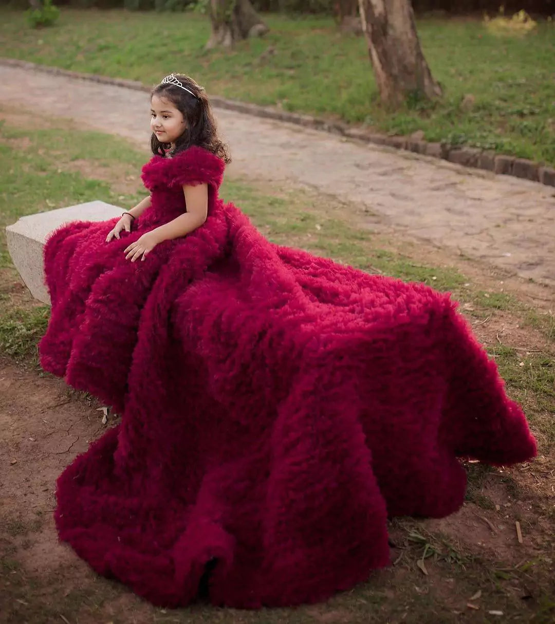 Back view of Red Princess Gown with long train for girls