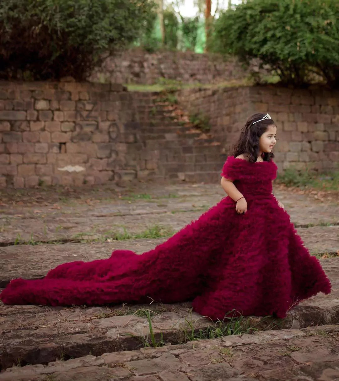 Side view of Red Princess Gown with elegant long train for girls