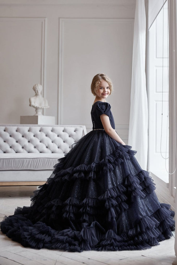 Side view of Black Sparkling Ruffled Flower Girl Gown – black ruffled dress for girls