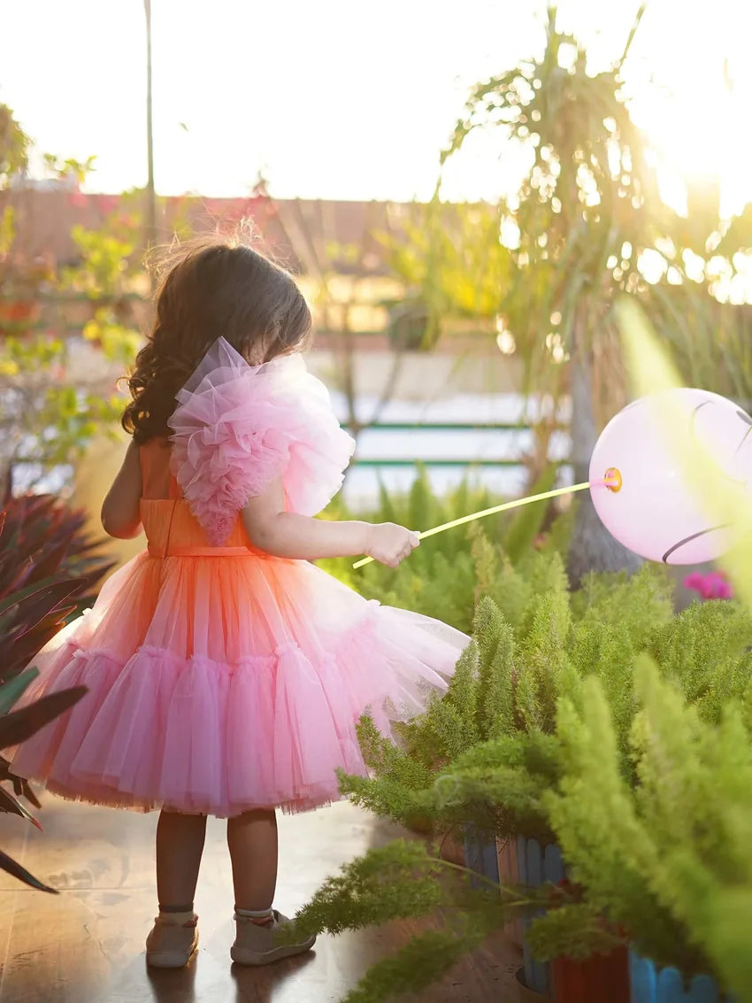 Back Side view of girls' tulle tutu birthday dress showing layered, fluffy skirt