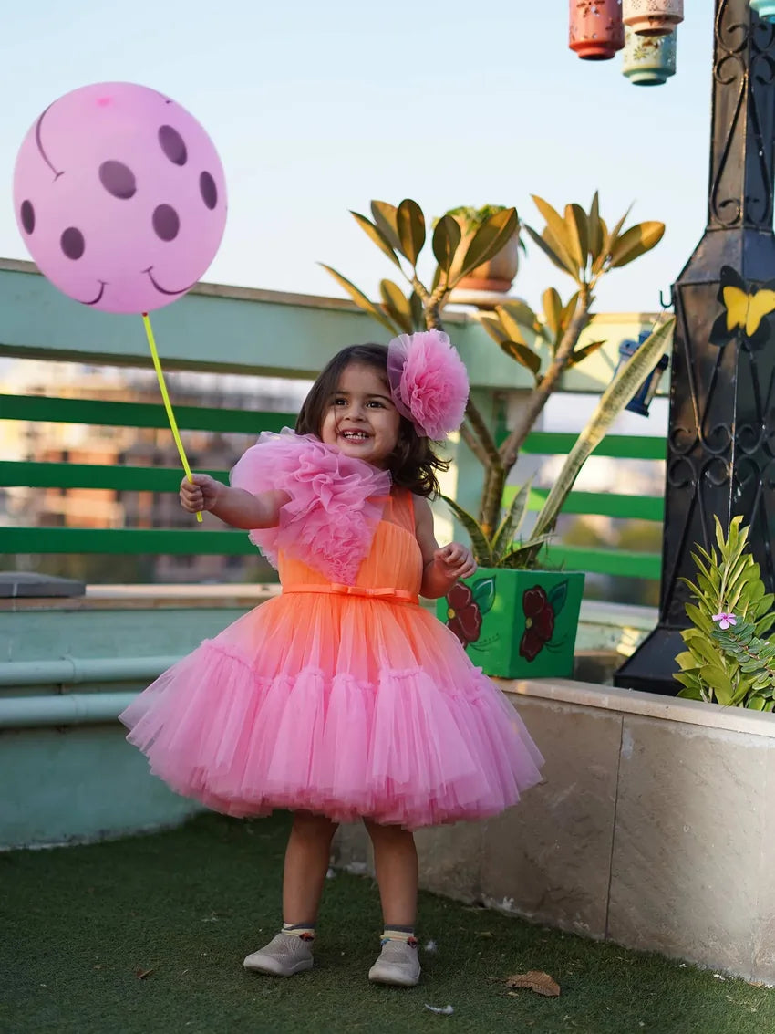 Front view of Puffy Tulle Birthday Tutu Dress for Girls with vibrant colors and puff sleeves