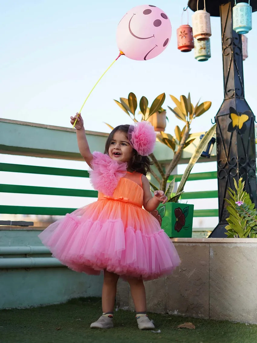 Front view of colorful puffy tulle birthday dress for girls with layered skirt