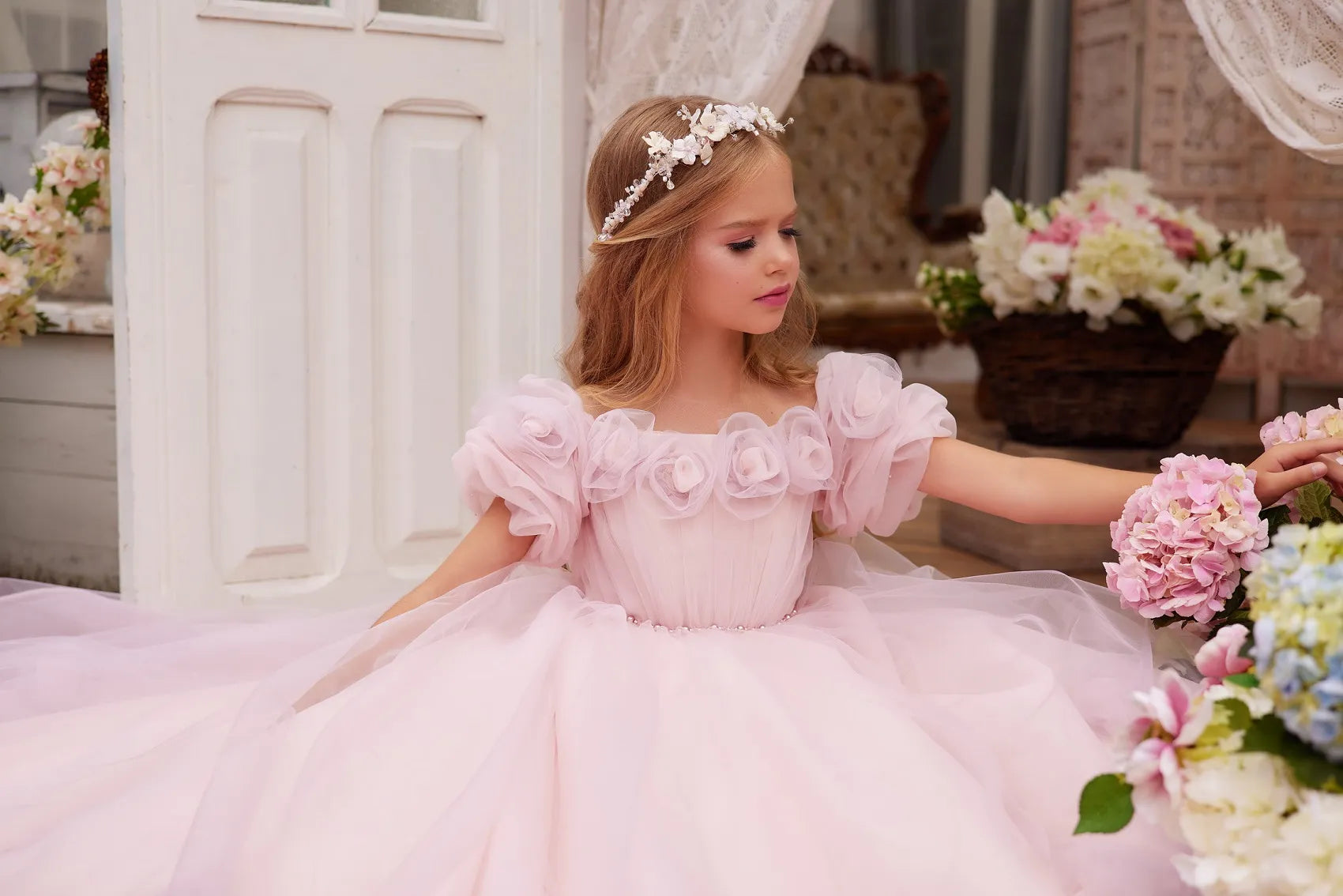 Full Close-up of floral appliqués on Pink Lace Tulle Dress