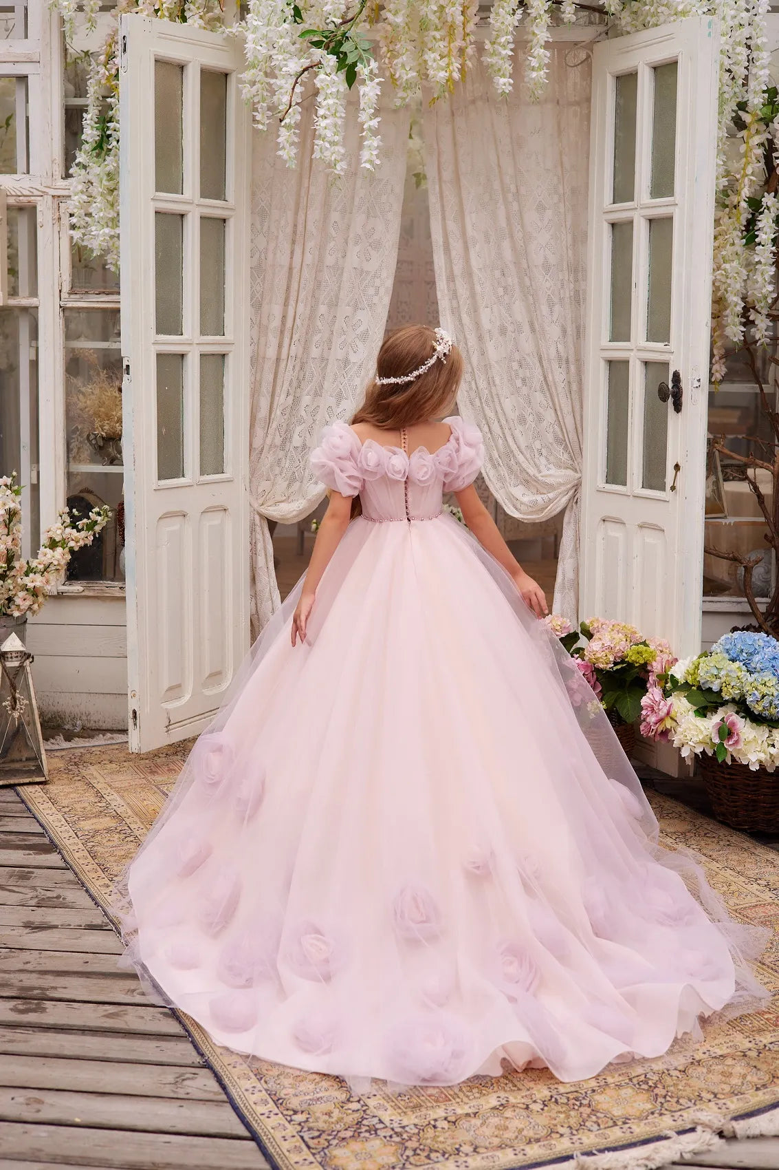 Back view of Pink Lace Tulle Dress with 3D floral accents