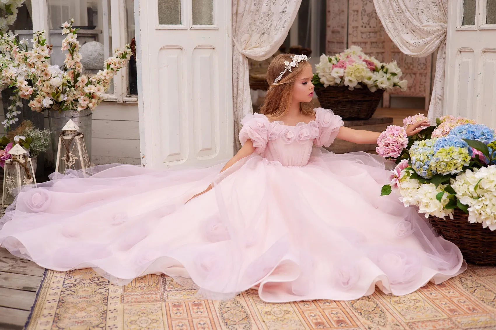 Close-up of floral appliqués on Pink Lace Tulle Dress