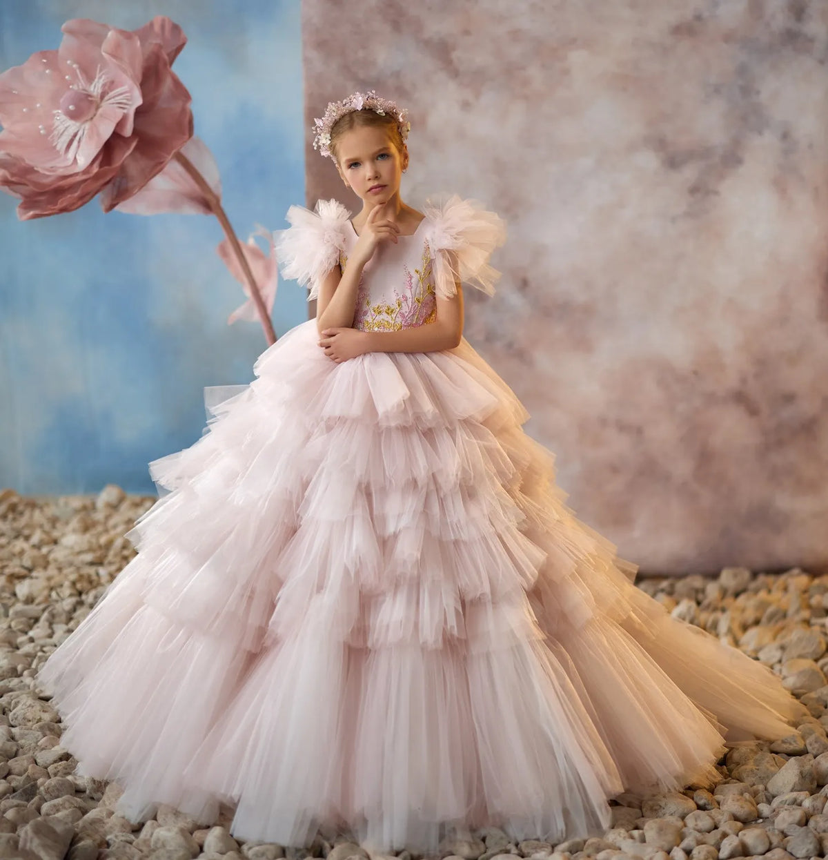 Dreamy Pink Ruffled Dress with Hand-Embellished Details