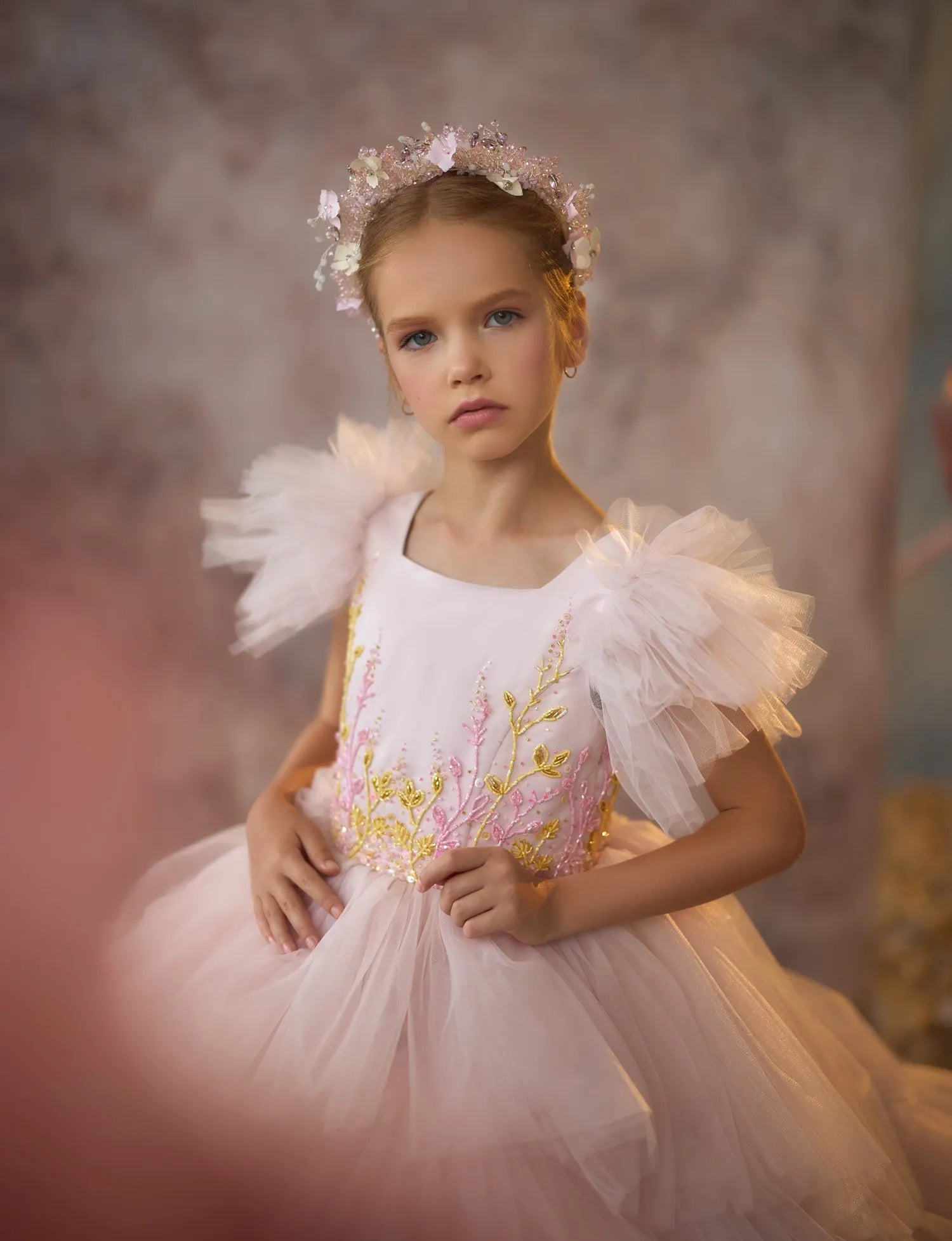 Dreamy Pink Ruffled Dress with Hand-Embellished Details