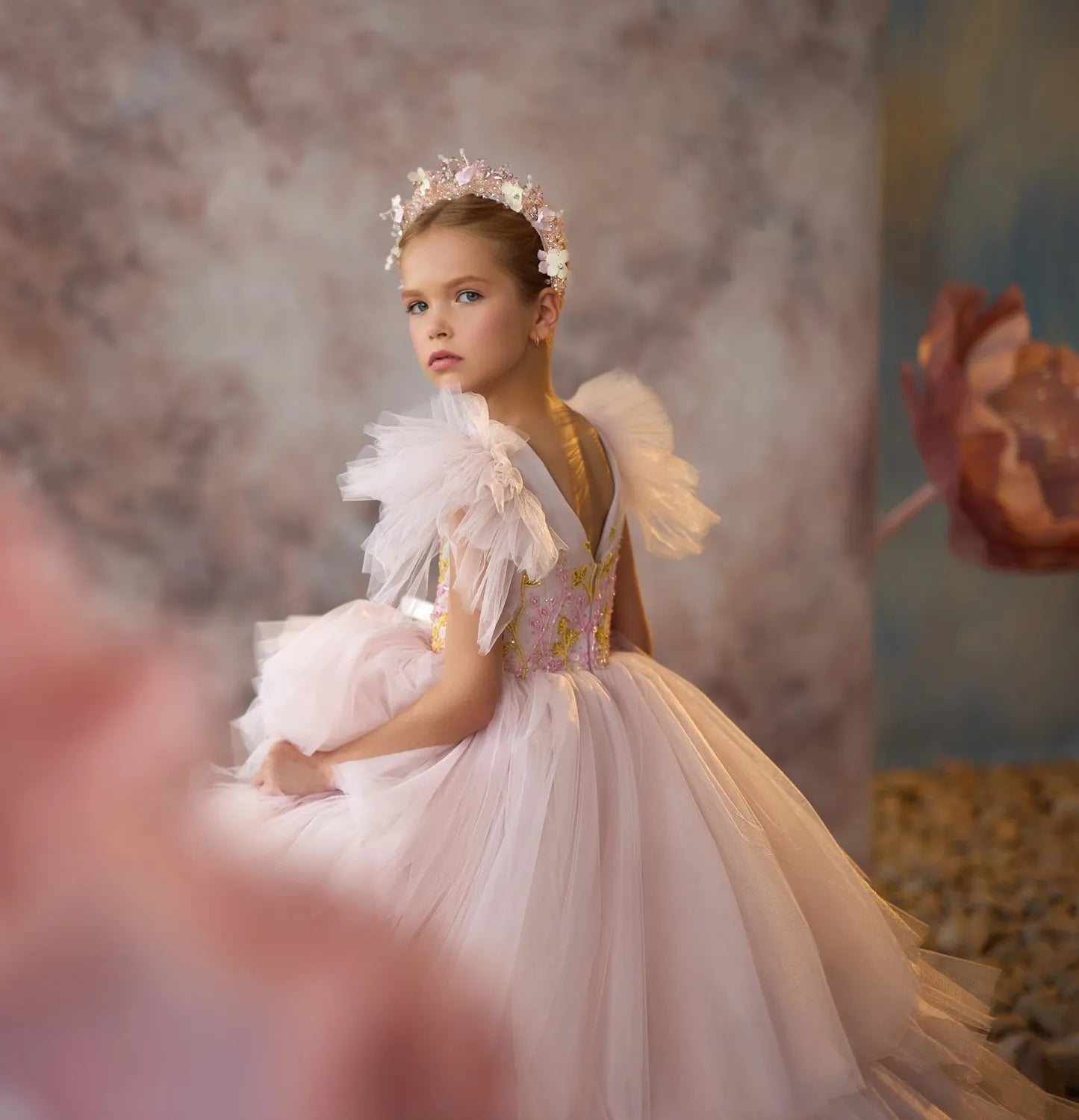 Dreamy Pink Ruffled Dress with Hand-Embellished Details