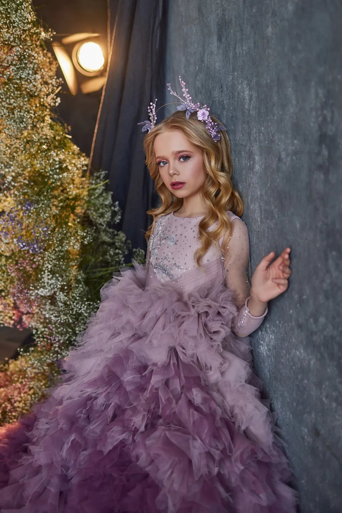 Front view of Majestic Amethyst purple ruffled luxury formal princess dress.