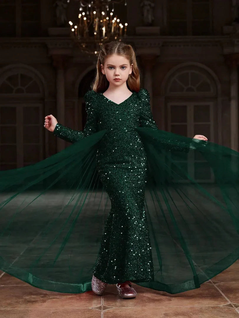 Full-length view of green sequin bodycon party dress for girls with layered tulle overlay.