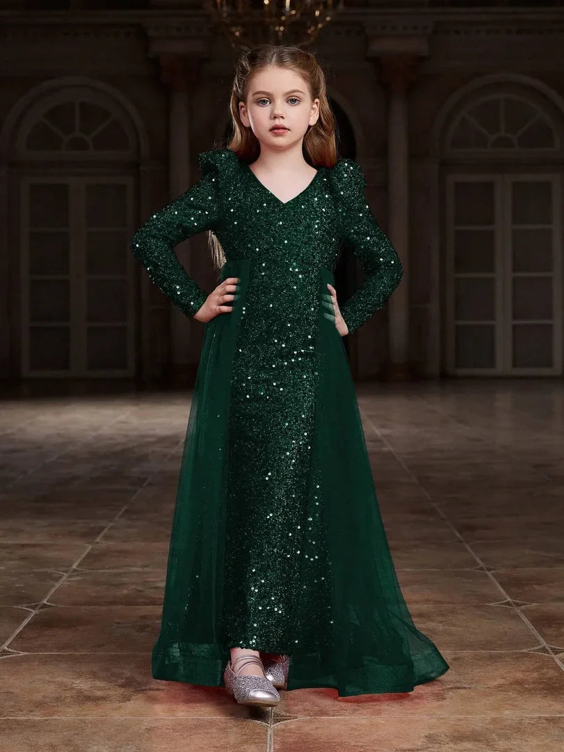 Front view of green sequin bodycon dress for girls, featuring a vibrant tulle overlay and shimmer.