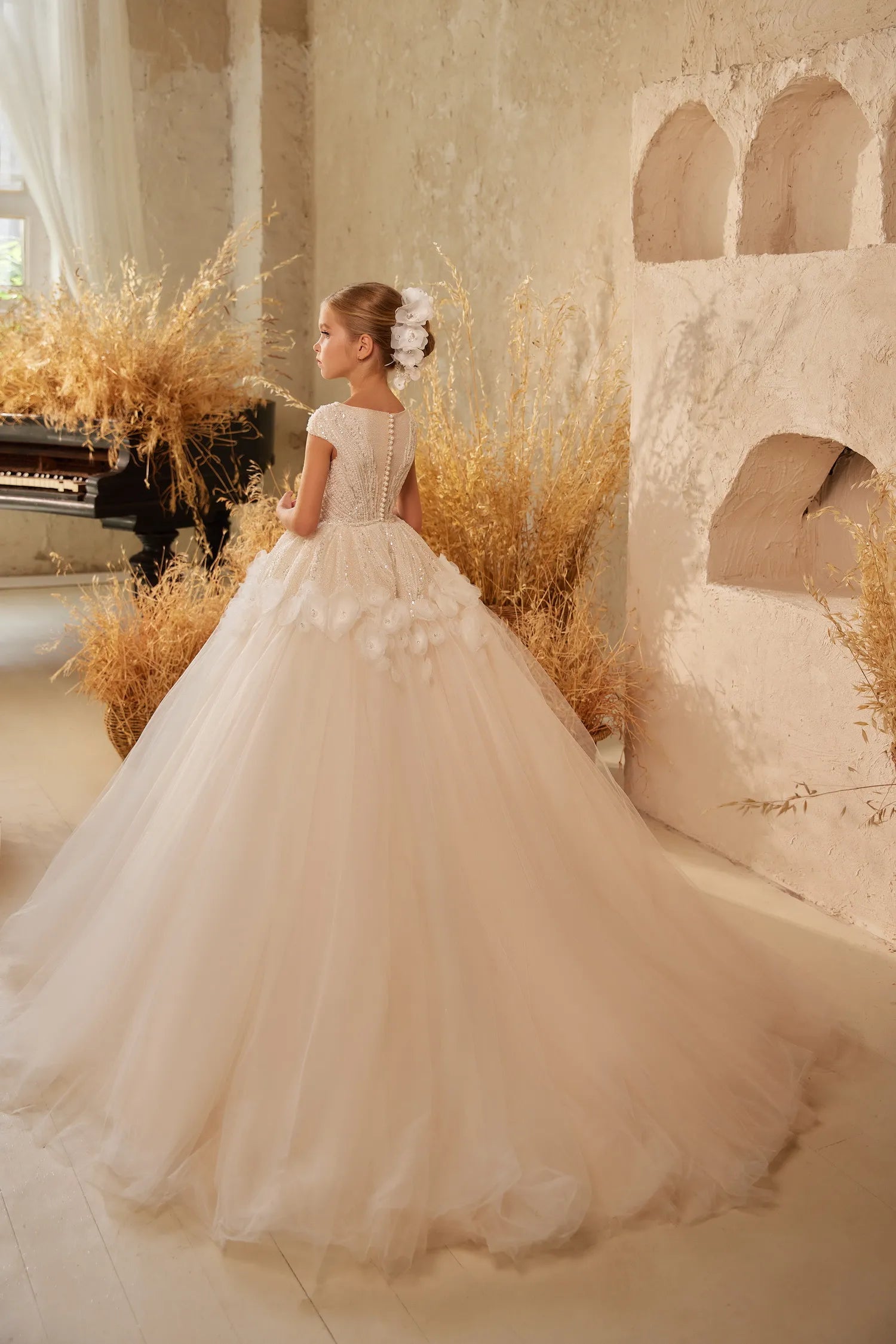 Back view of the exquisite tulle and sequin details of the Choosify flower girl dress.