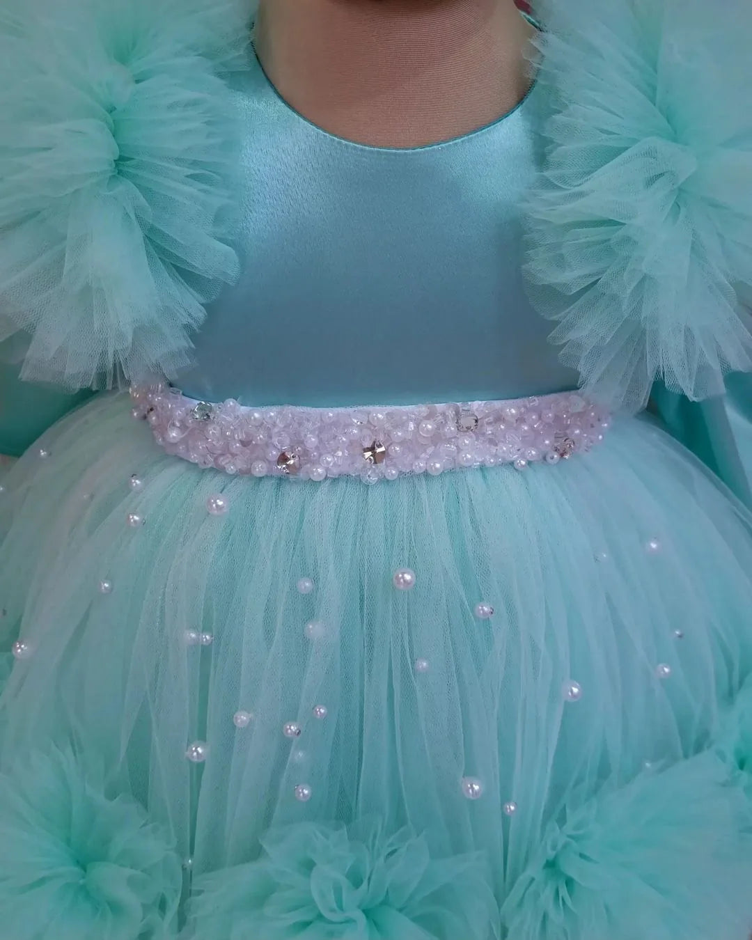 Girls' Aqua Blue Princess Tulle Dress front zoomed view