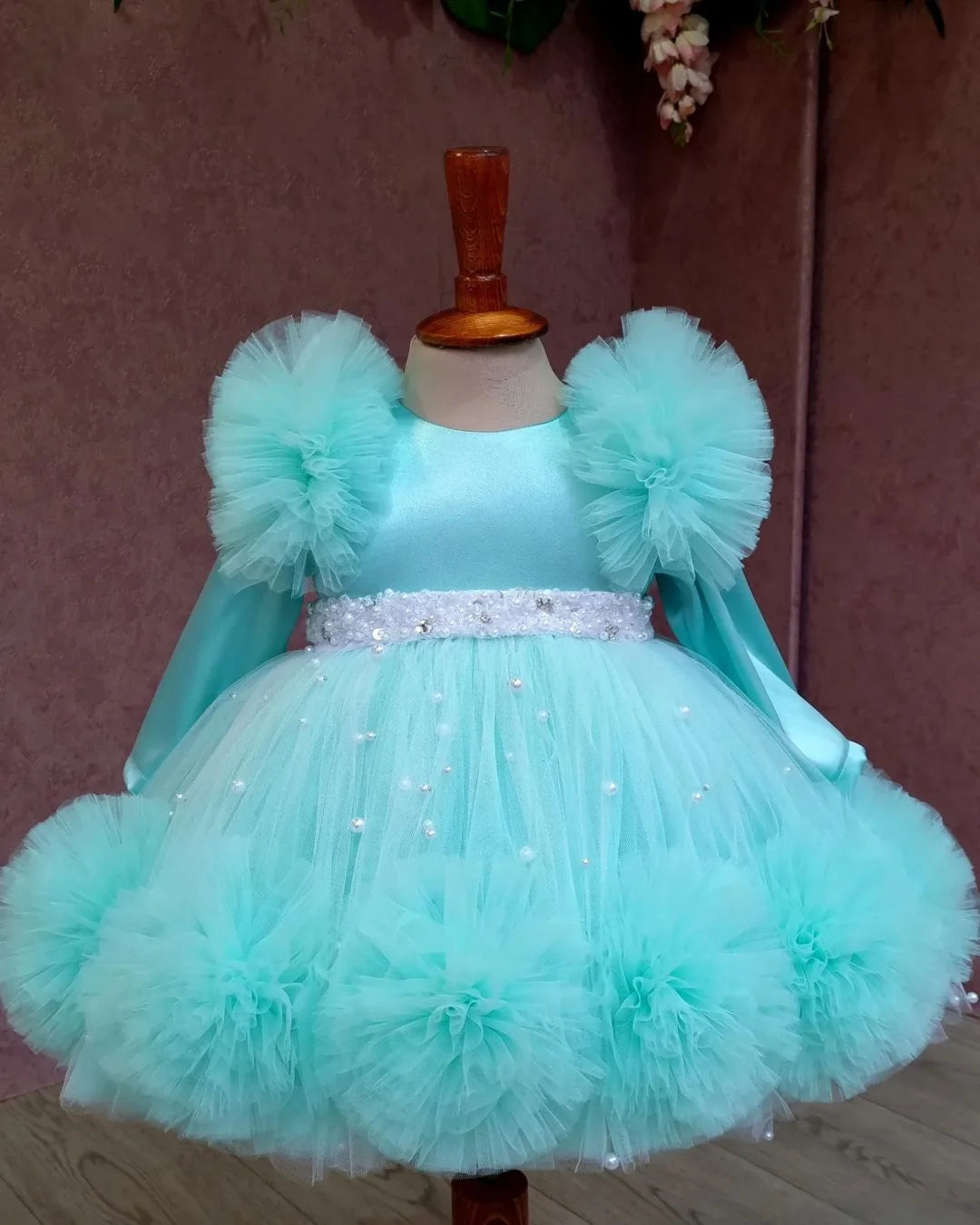 Front view of Aqua Blue Tulle Dress for girls with princess-style layers