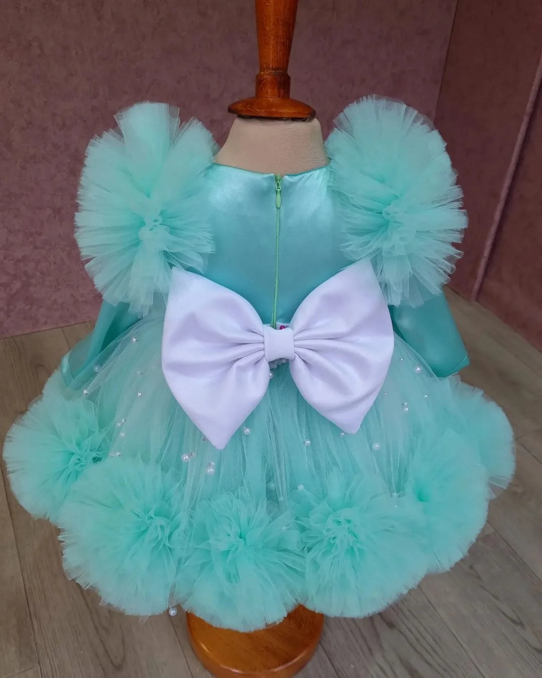 Back view of Aqua Blue Tulle Dress for girls with princess-style layers