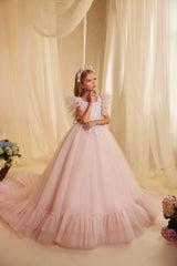 Front view of  of blush pink embroidered flower girl dress with ruffled sleeves and tulle skirt.