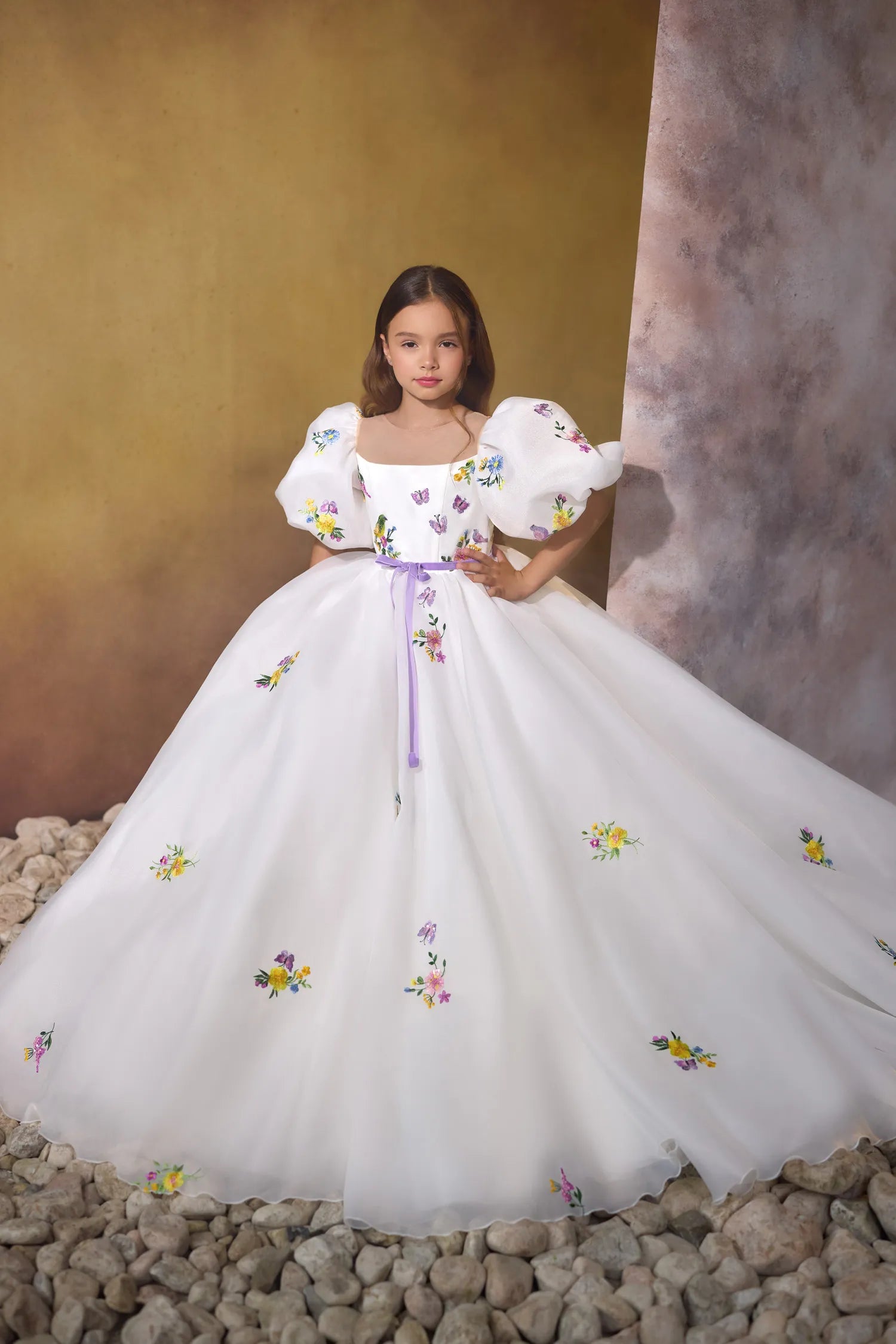 Whimsical Floral White Flower Girl Embellished Dress