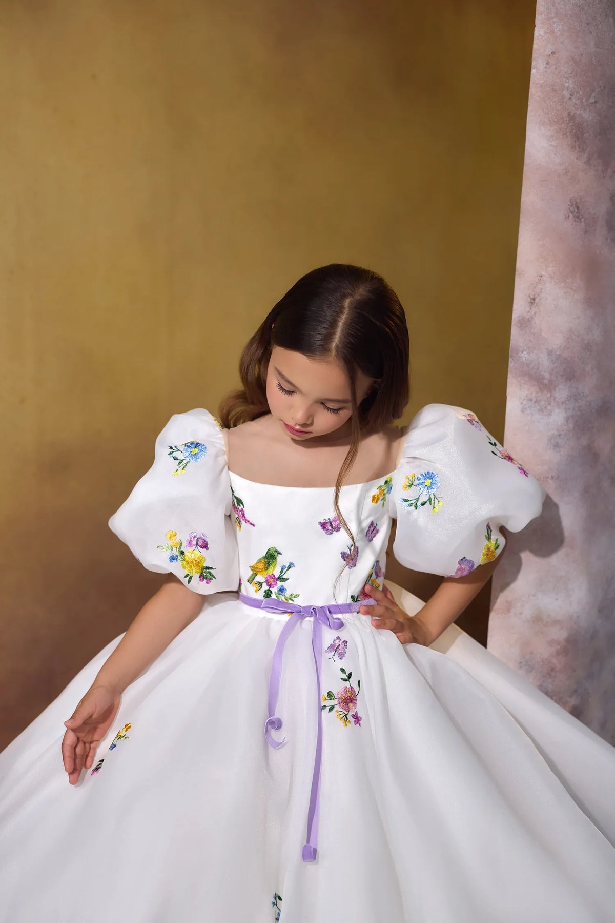 Whimsical Floral White Flower Girl Embellished Dress