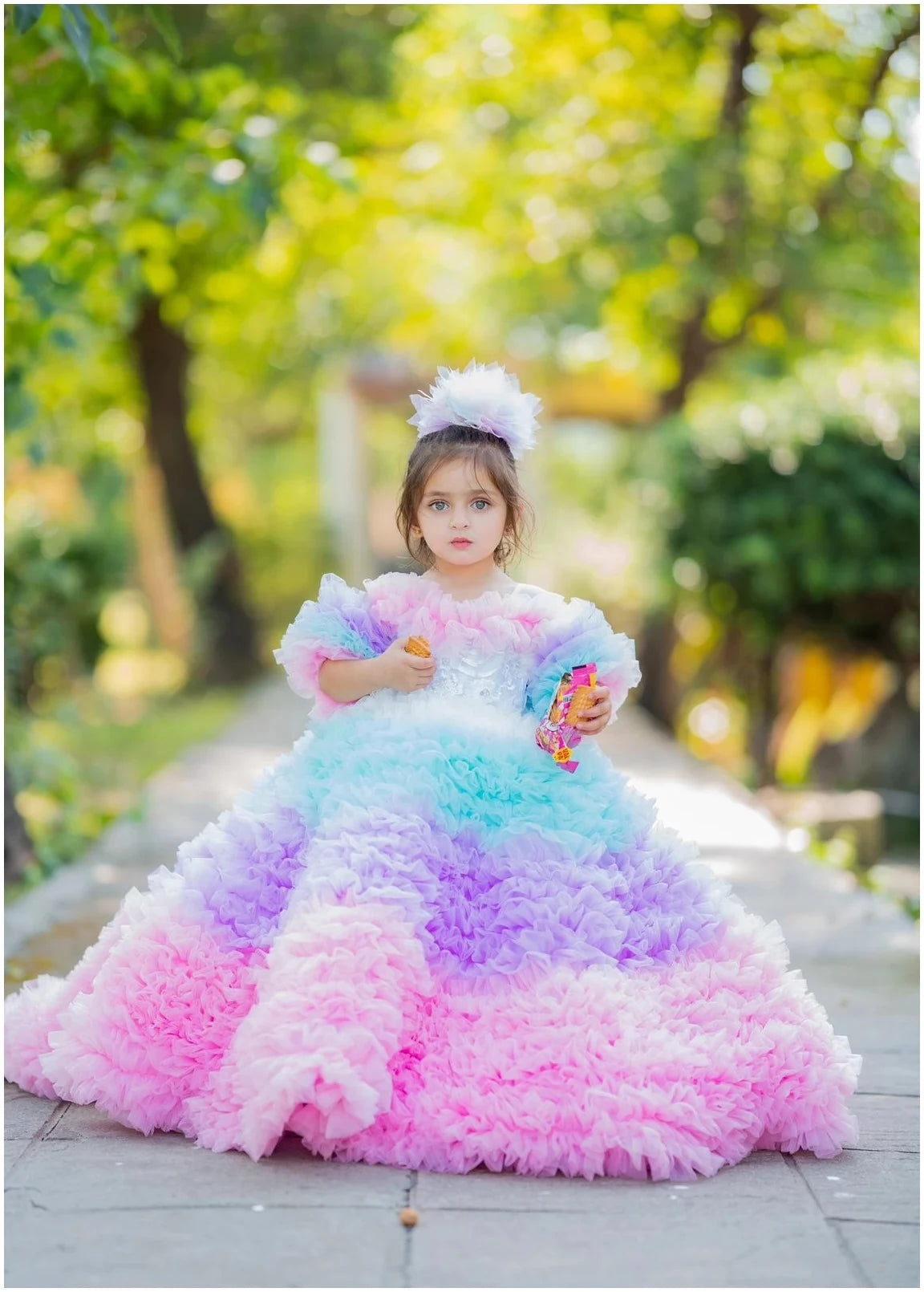 Front view of Rainbow Tulle Ruffled Dress for girls