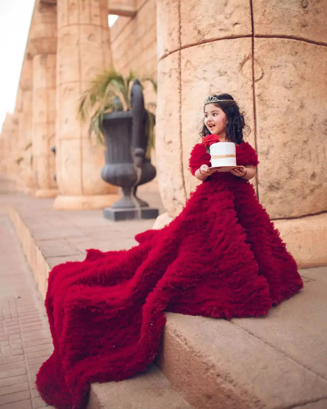 Girls' Red Princess Gown with Long Train front view