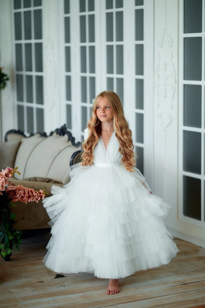 Front view of White Tiered Tulle Pageant Dress for girls, showcasing layered tulle and classic elegance.