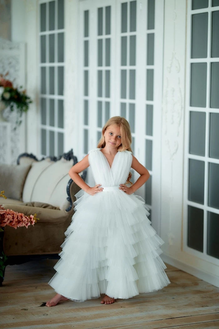 Far view of White Tiered Tulle Pageant Dress with flowing tulle layers, ideal for pageants and formal events.