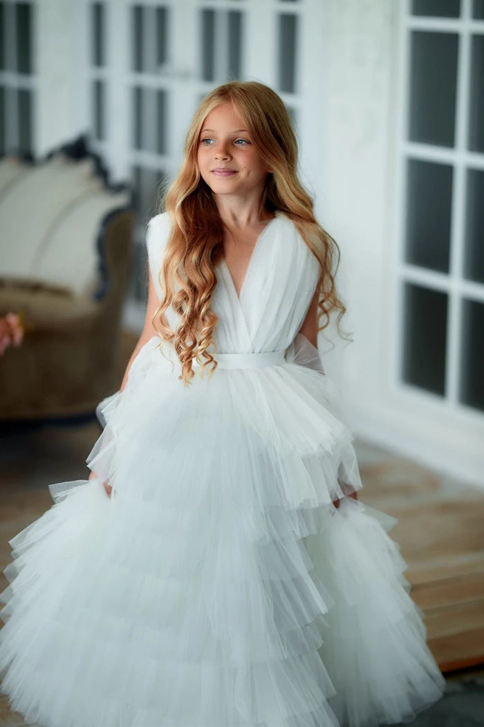 Close-up of soft tulle layers on the White Tiered Tulle Pageant Dress, highlighting texture and craftsmanship.