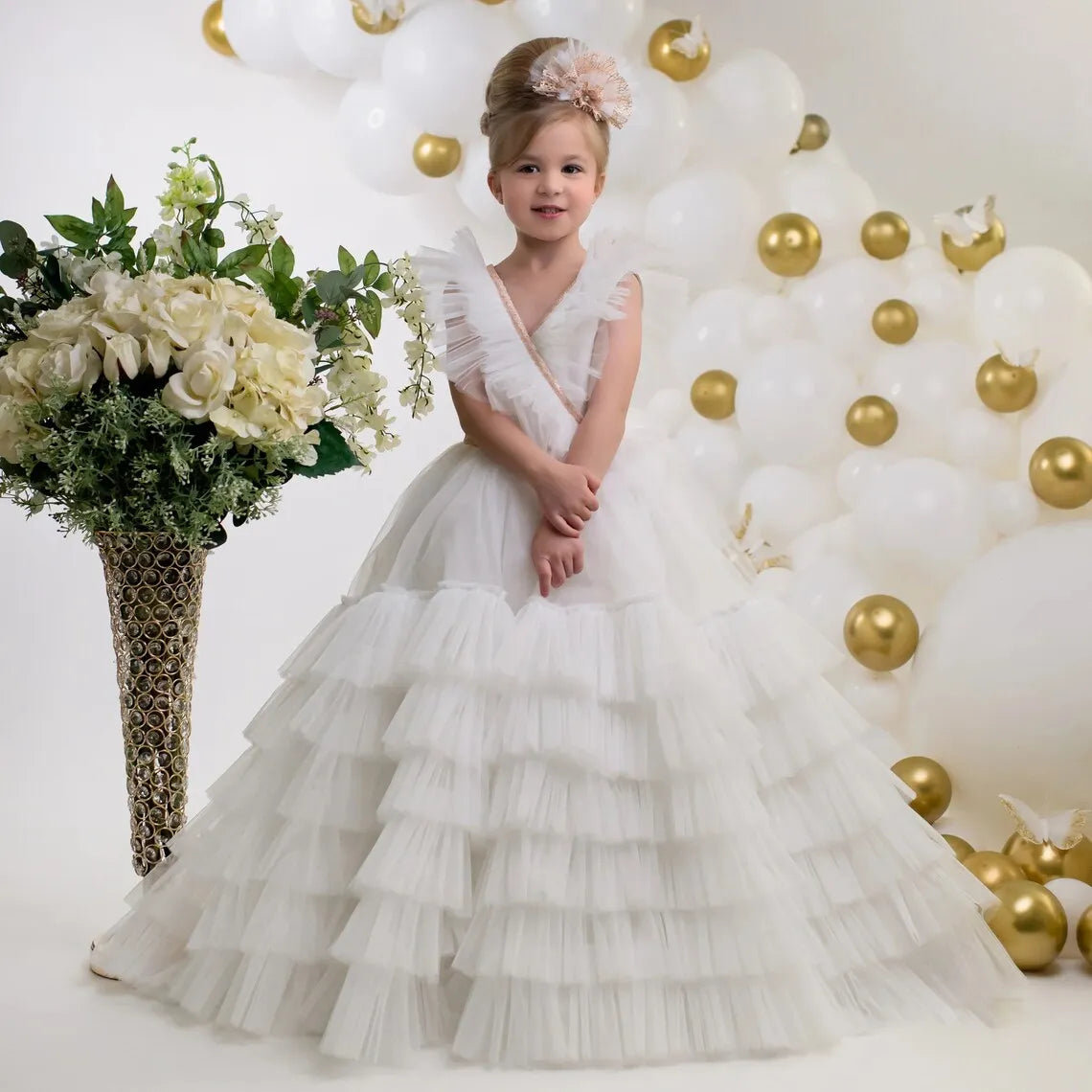 Front view of Layered Tulle Gown with Delicate Ruffled Straps – luxurious white tulle dress for girls