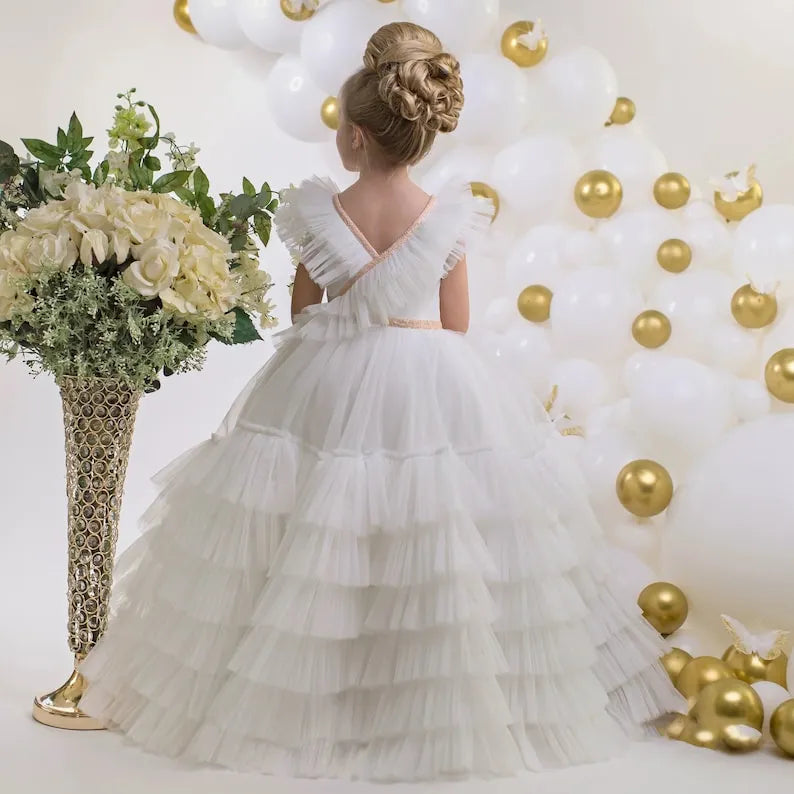 Back view of Layered Tulle Gown with Delicate Ruffled Straps – princess flower girl gown with tiered layers