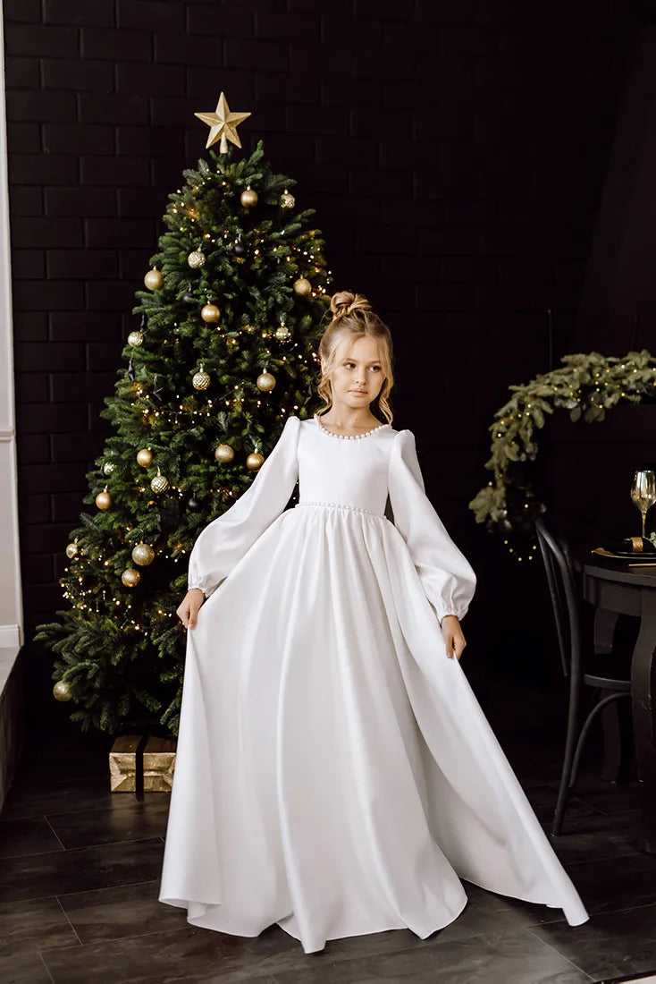 Side view of girls' Ivory Satin Flower Dress with long sleeves