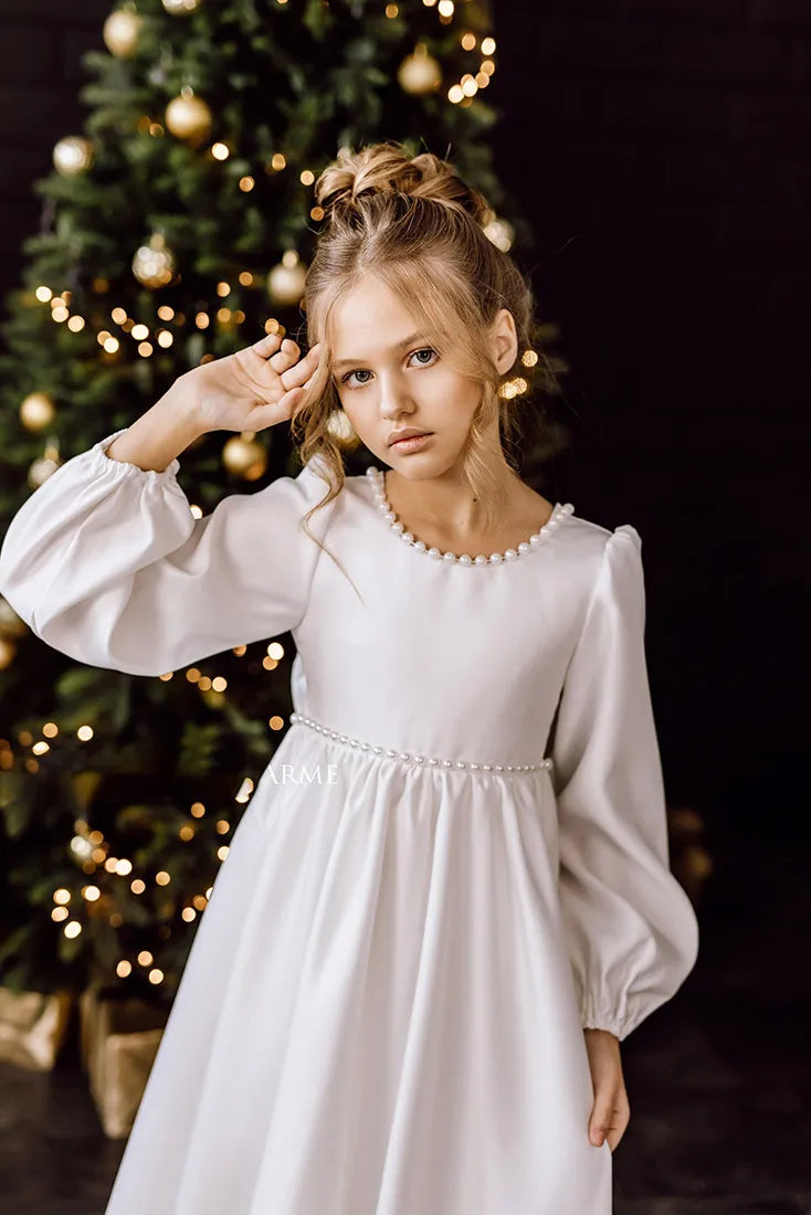 Close-up of floral details on Ivory Satin Flower Girl Dress with long sleeves