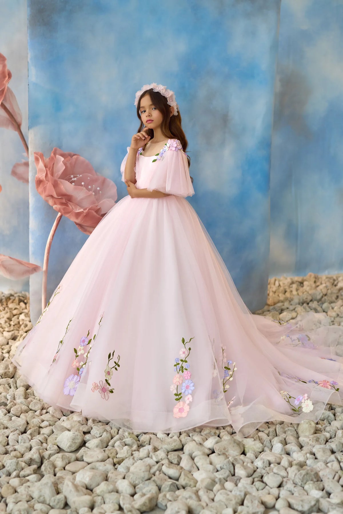 Pink Floral Appliqué Train Dress for Girls