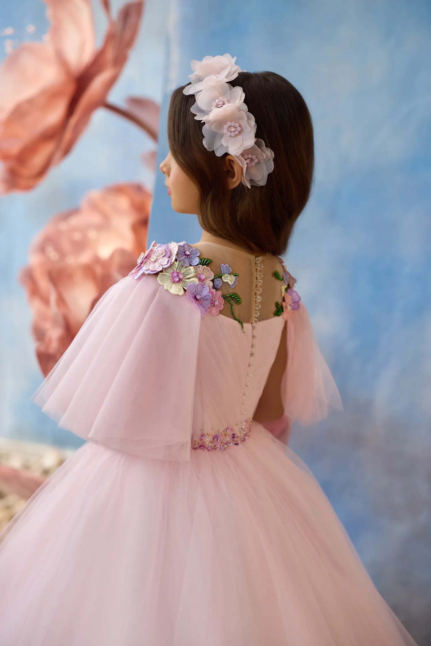 Pink Floral Appliqué Train Dress for Girls