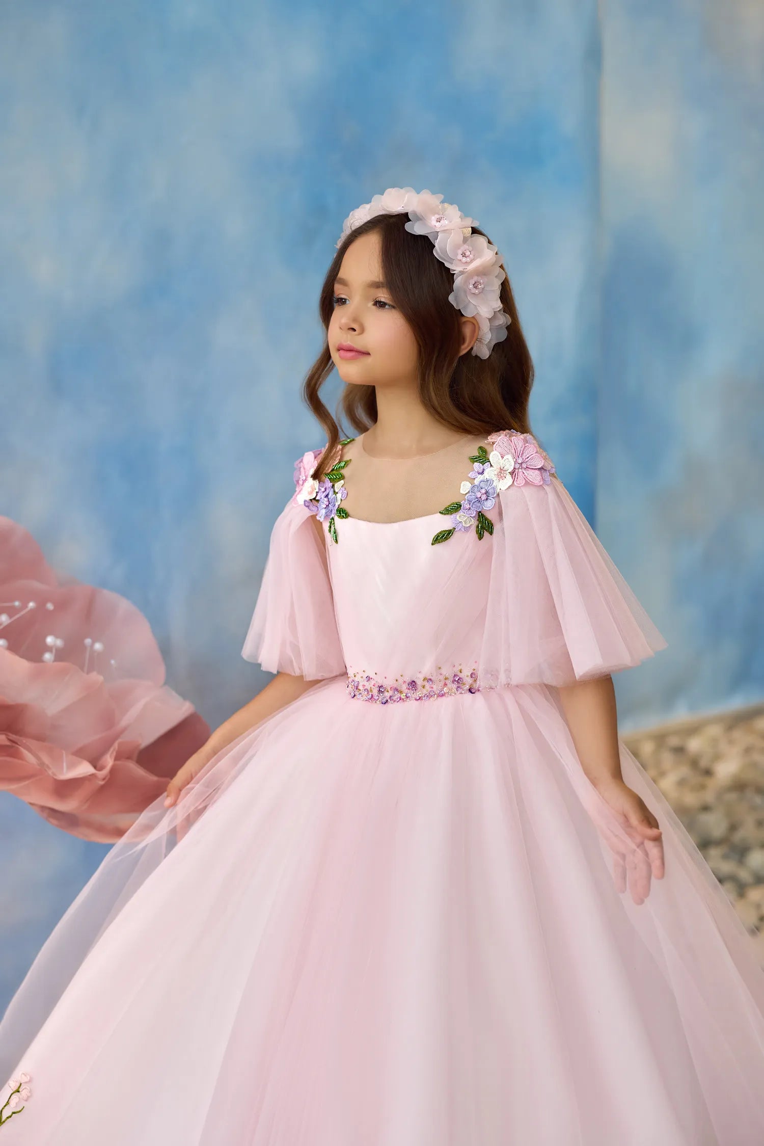 Pink Floral Appliqué Train Dress for Girls